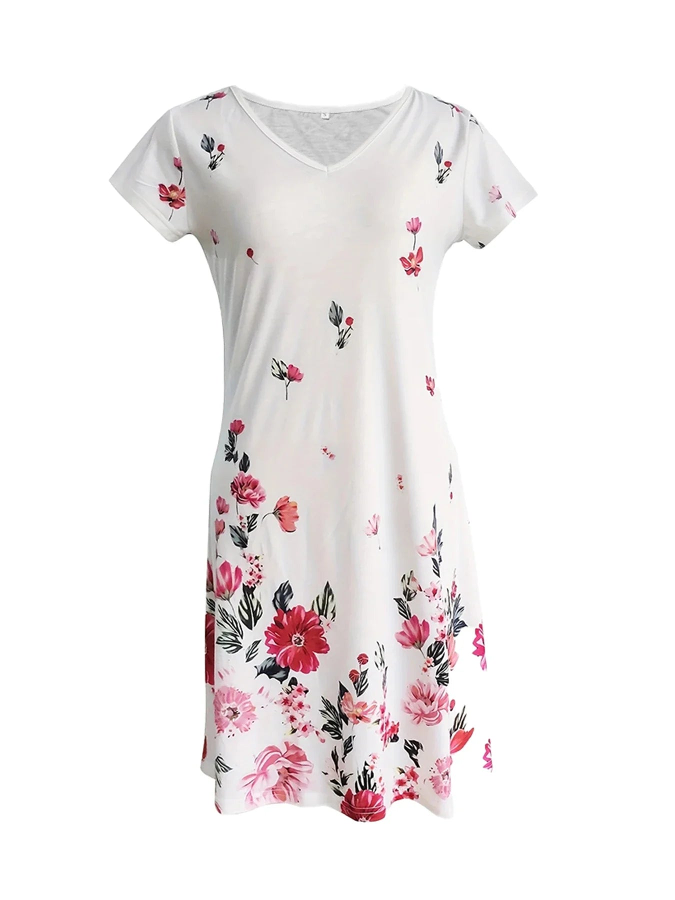Chic Ditsy Floral Knee-High Dress with V-Neck and All-Season Style, Easy-Care Polyester Lining, Comfortable Mid-Elasticity Fabric