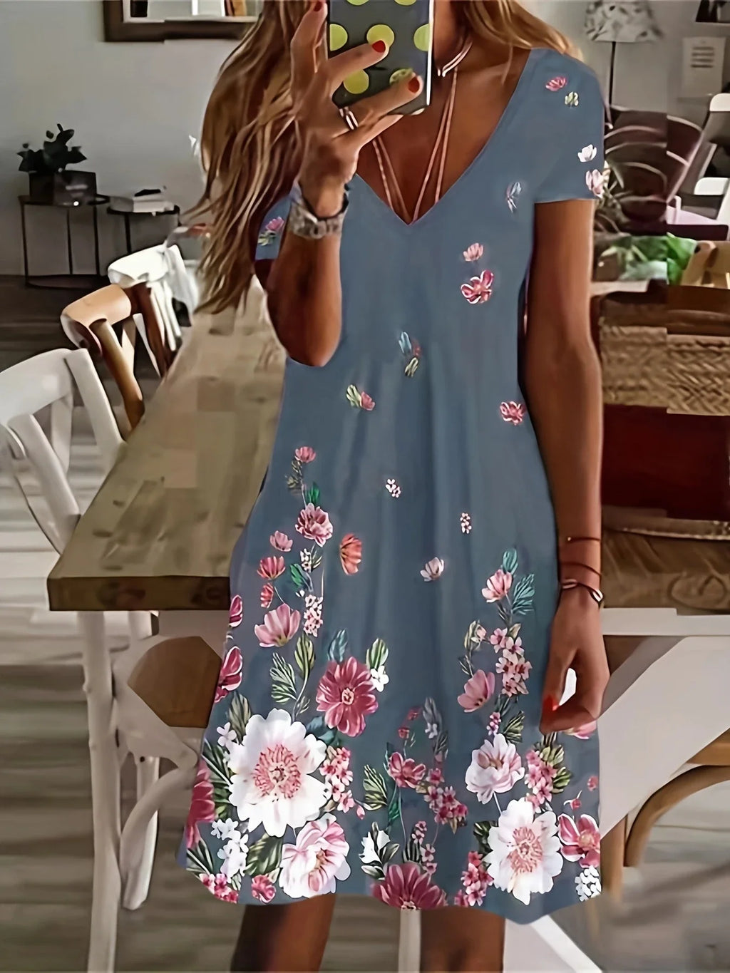 Chic Ditsy Floral Knee-High Dress with V-Neck and All-Season Style, Easy-Care Polyester Lining, Comfortable Mid-Elasticity Fabric
