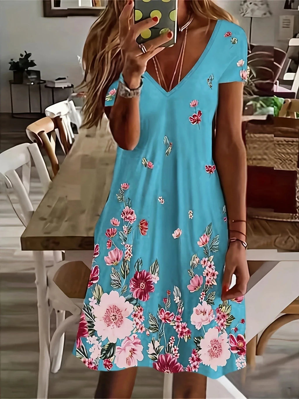 Chic Ditsy Floral Knee-High Dress with V-Neck and All-Season Style, Easy-Care Polyester Lining, Comfortable Mid-Elasticity Fabric