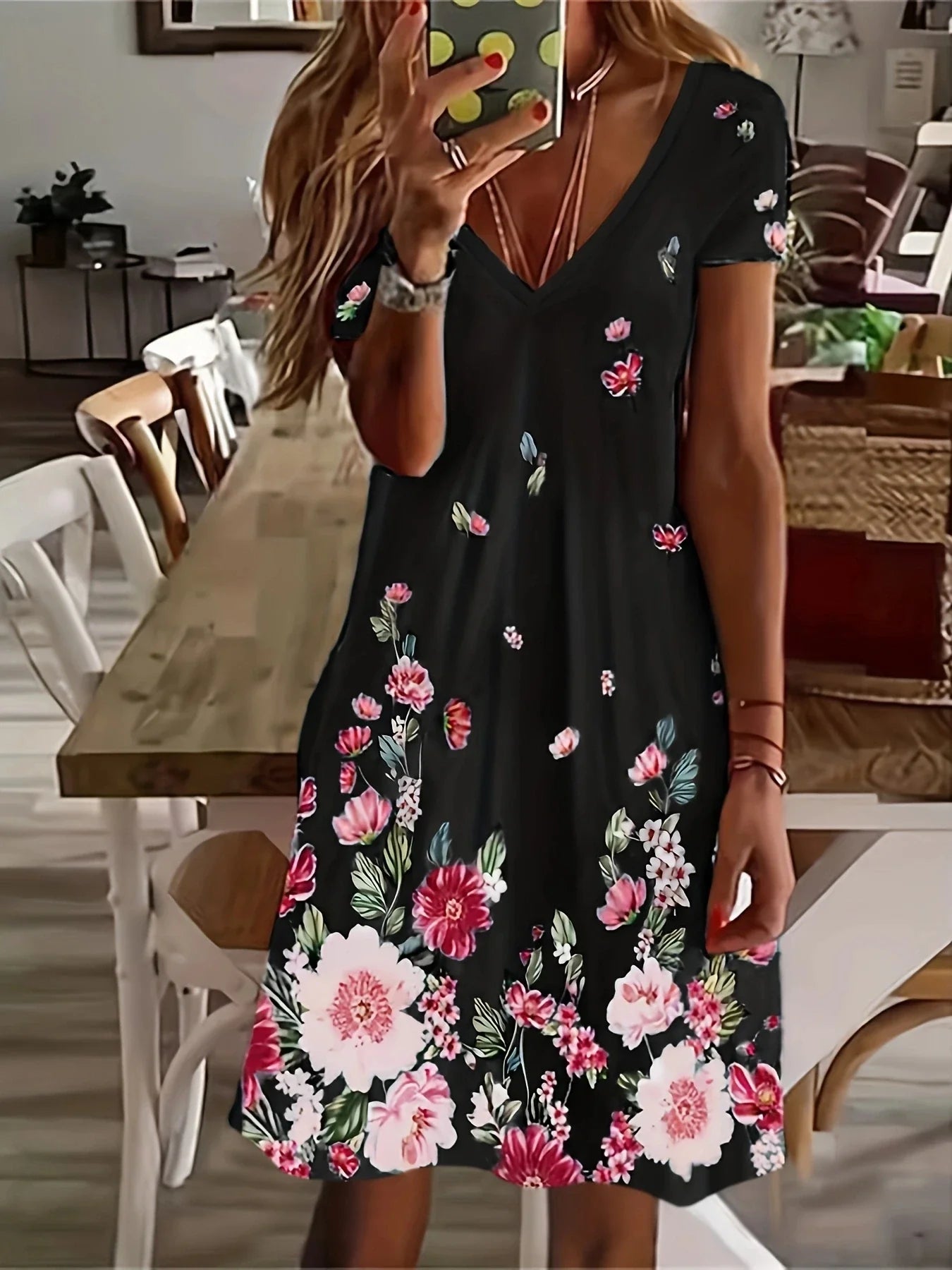 Chic Ditsy Floral Knee-High Dress with V-Neck and All-Season Style, Easy-Care Polyester Lining, Comfortable Mid-Elasticity Fabric