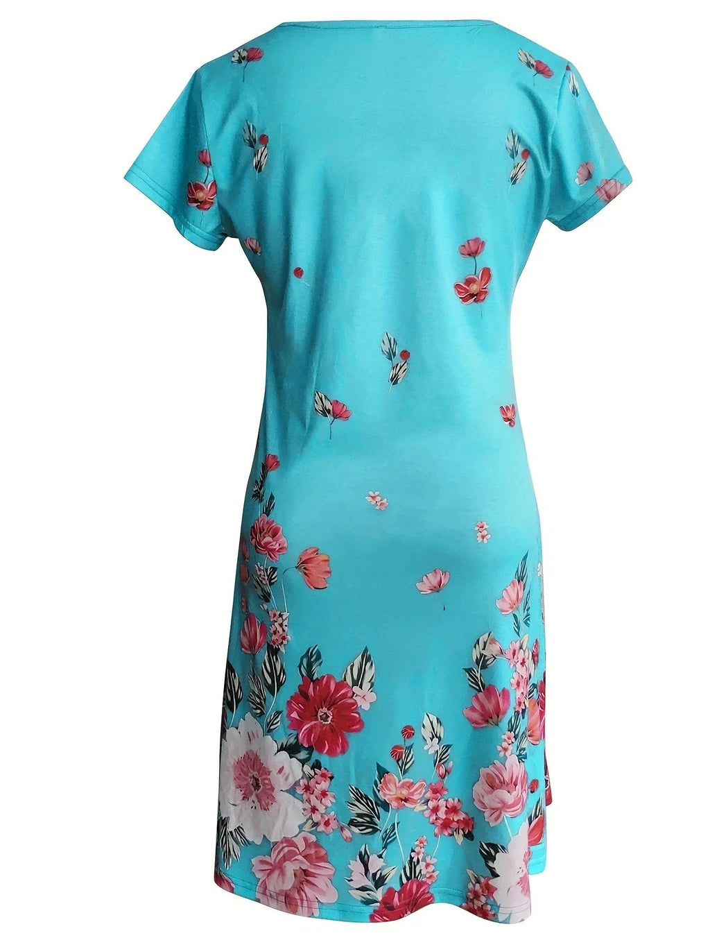 Chic Ditsy Floral Knee-High Dress with V-Neck and All-Season Style, Easy-Care Polyester Lining, Comfortable Mid-Elasticity Fabric
