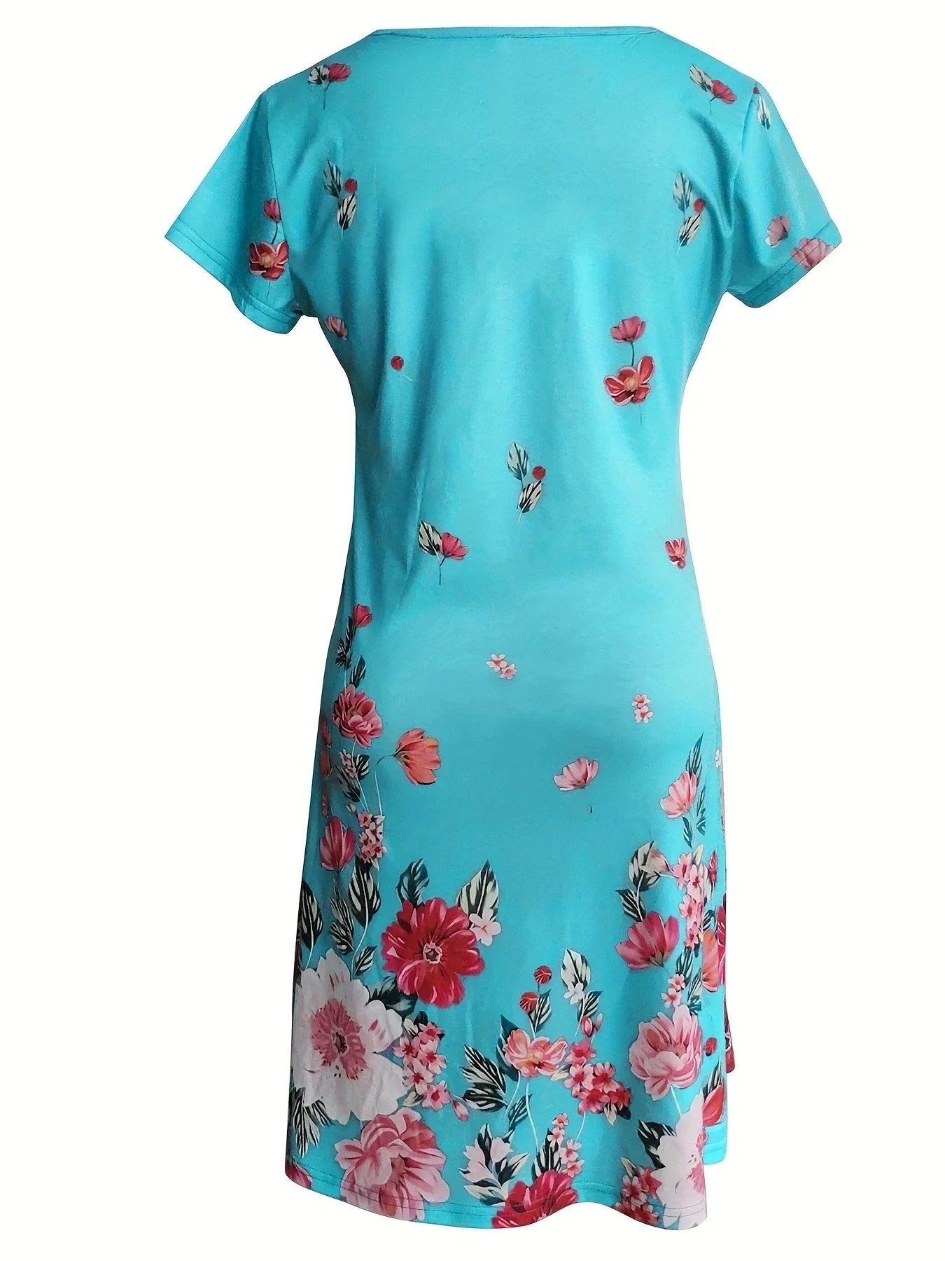 Chic Ditsy Floral Knee-High Dress with V-Neck and All-Season Style, Easy-Care Polyester Lining, Comfortable Mid-Elasticity Fabric