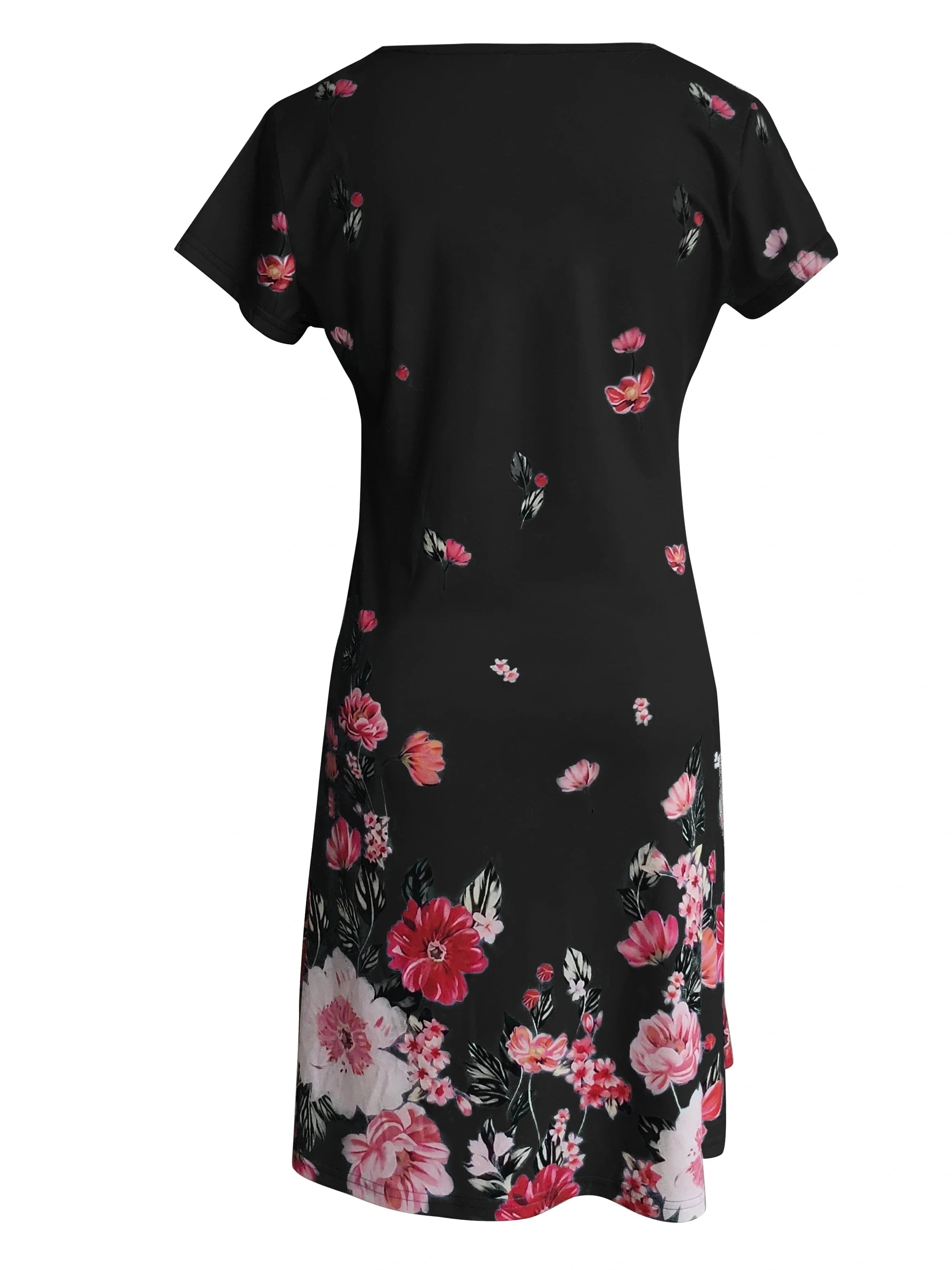 Chic Ditsy Floral Knee-High Dress with V-Neck and All-Season Style, Easy-Care Polyester Lining, Comfortable Mid-Elasticity Fabric