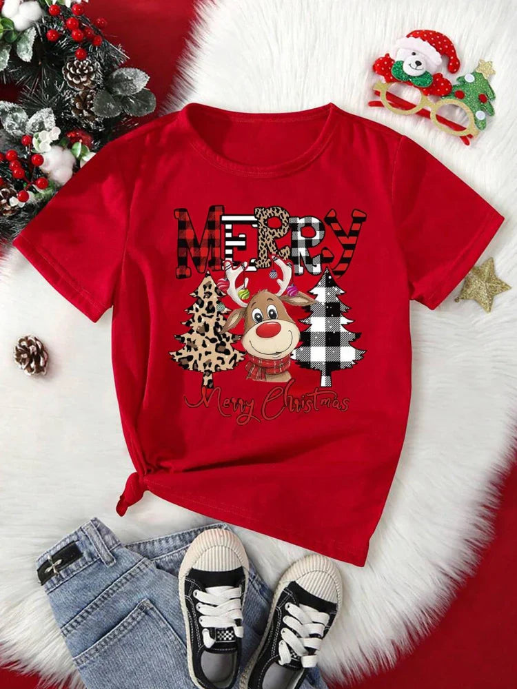 Casual Women's Christmas T-Shirt with Cute Deer Leopard and Christmas Tree Cartoon Print Short Sleeve Soft Comfortable Tee
