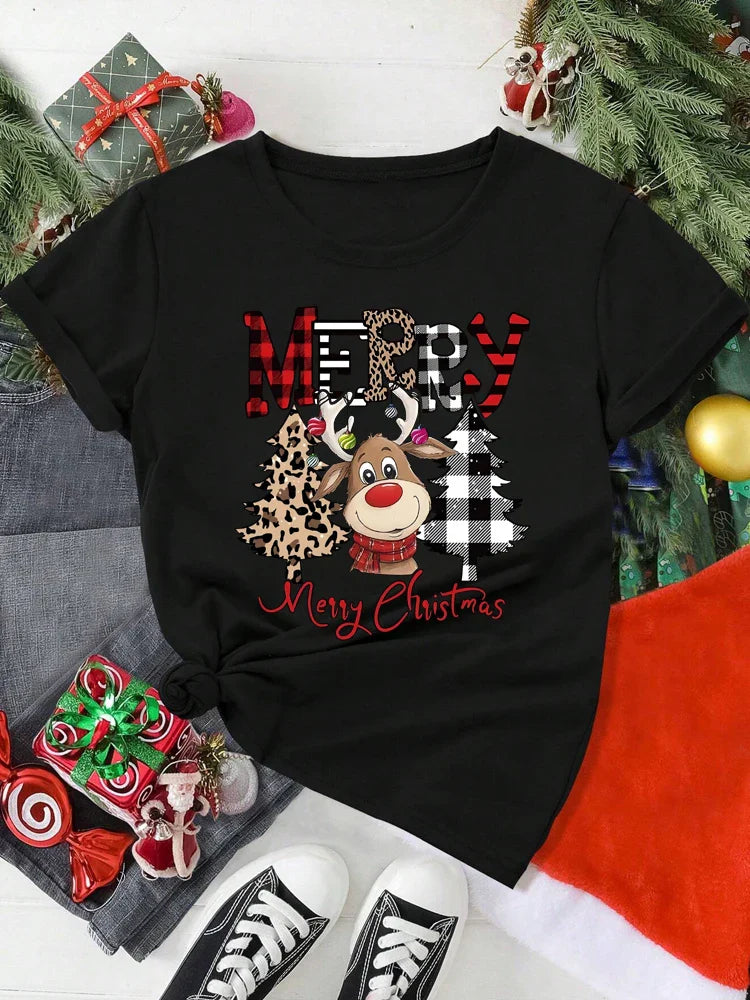 Casual Women's Christmas T-Shirt with Cute Deer Leopard and Christmas Tree Cartoon Print Short Sleeve Soft Comfortable Tee