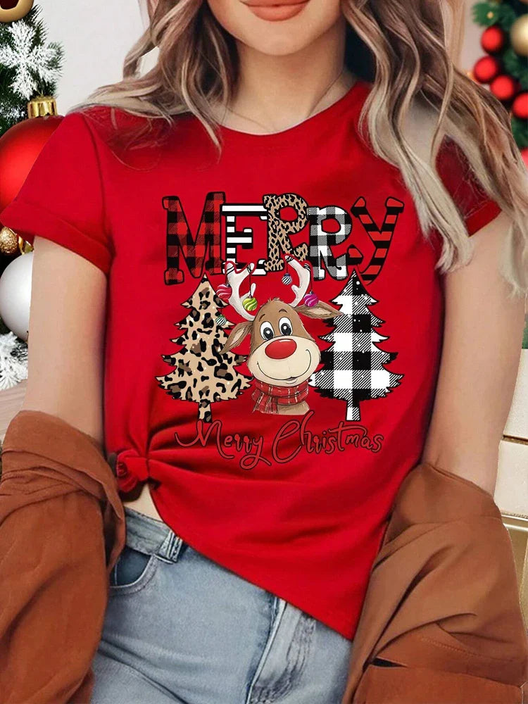 Casual Women's Christmas T-Shirt with Cute Deer Leopard and Christmas Tree Cartoon Print Short Sleeve Soft Comfortable Tee