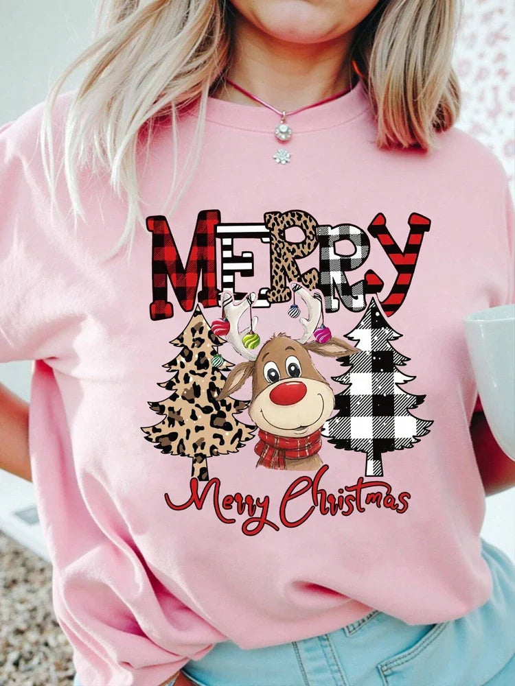 Casual Women's Christmas T-Shirt with Cute Deer Leopard and Christmas Tree Cartoon Print Short Sleeve Soft Comfortable Tee