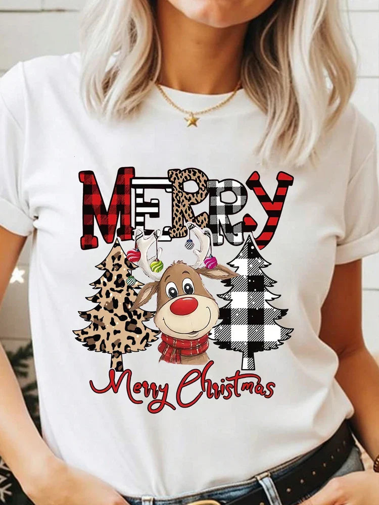Casual Women's Christmas T-Shirt with Cute Deer Leopard and Christmas Tree Cartoon Print Short Sleeve Soft Comfortable Tee