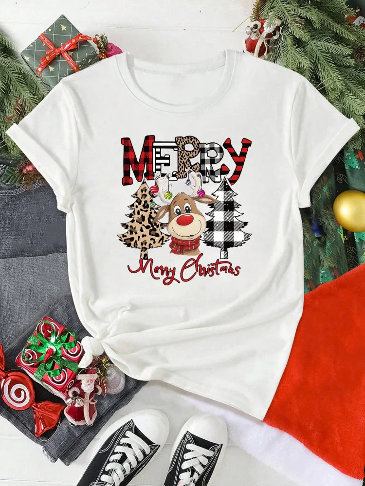 Casual Women's Christmas T-Shirt with Cute Deer Leopard and Christmas Tree Cartoon Print Short Sleeve Soft Comfortable Tee