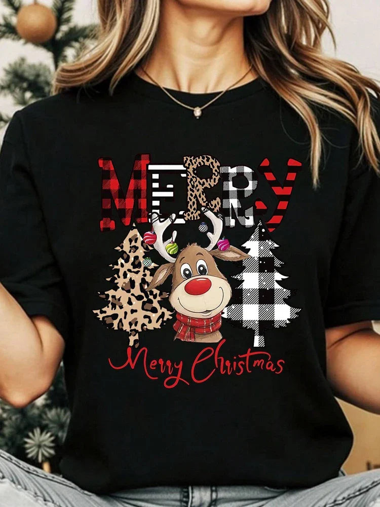 Casual Women's Christmas T-Shirt with Cute Deer Leopard and Christmas Tree Cartoon Print Short Sleeve Soft Comfortable Tee