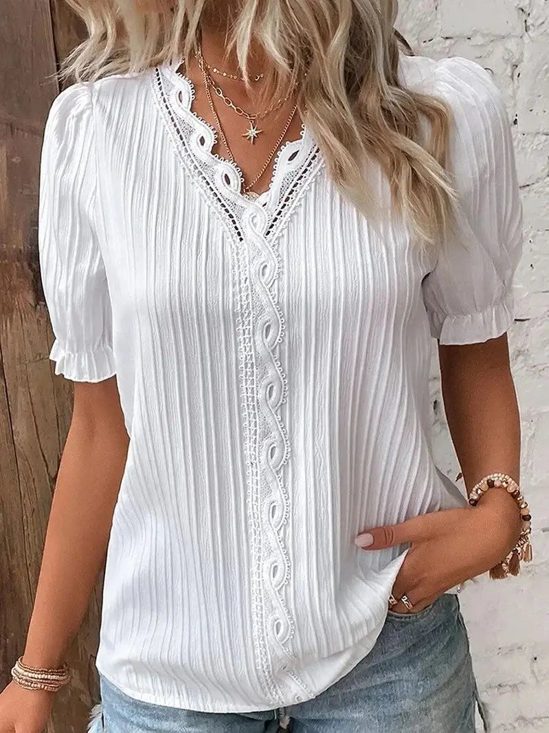 Women's Sexy V-Neck Hollow Out Short Sleeve Top Solid Color Splice Summer Blouse
