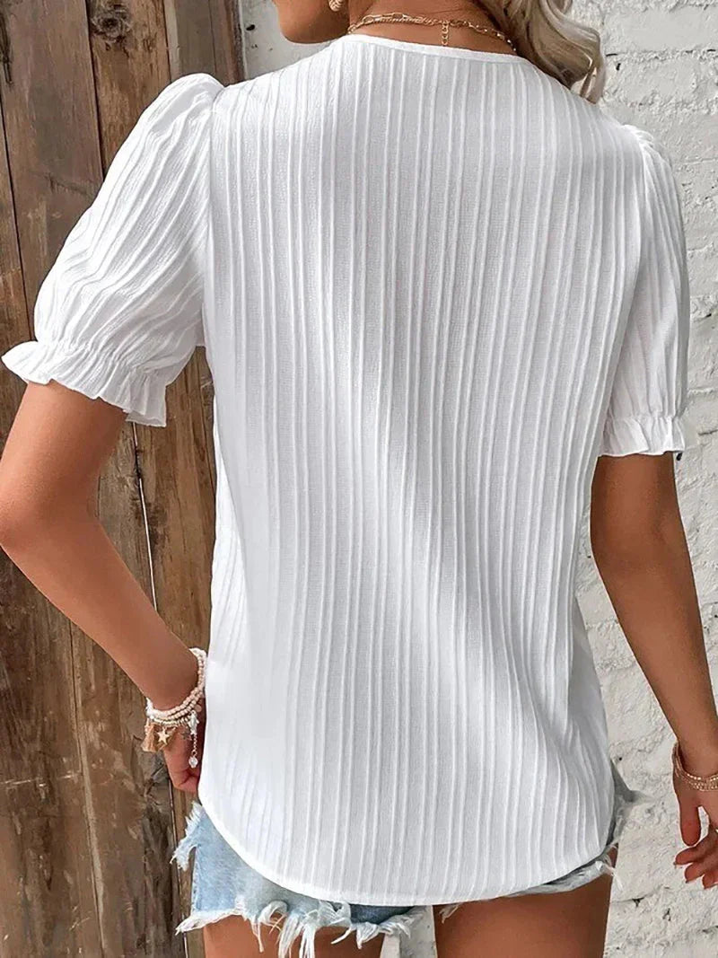 Women's Sexy V-Neck Hollow Out Short Sleeve Top Solid Color Splice Summer Blouse