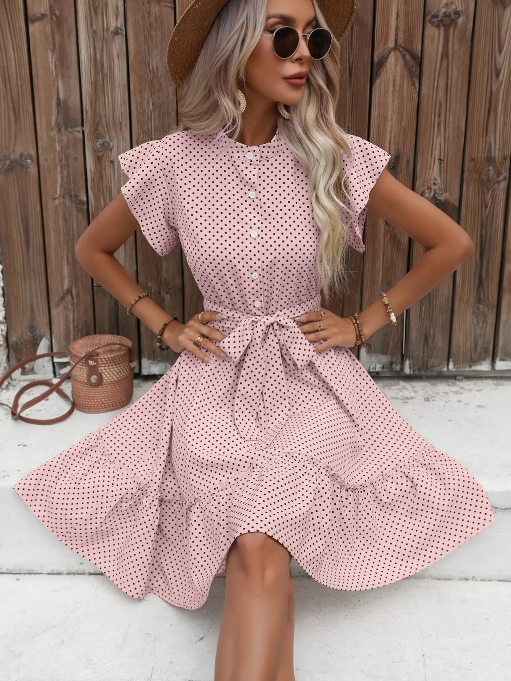 Polka Dot Printed Butterfly Sleeve Dress with Ruffled Edges and Wide Hem Waistline for Women