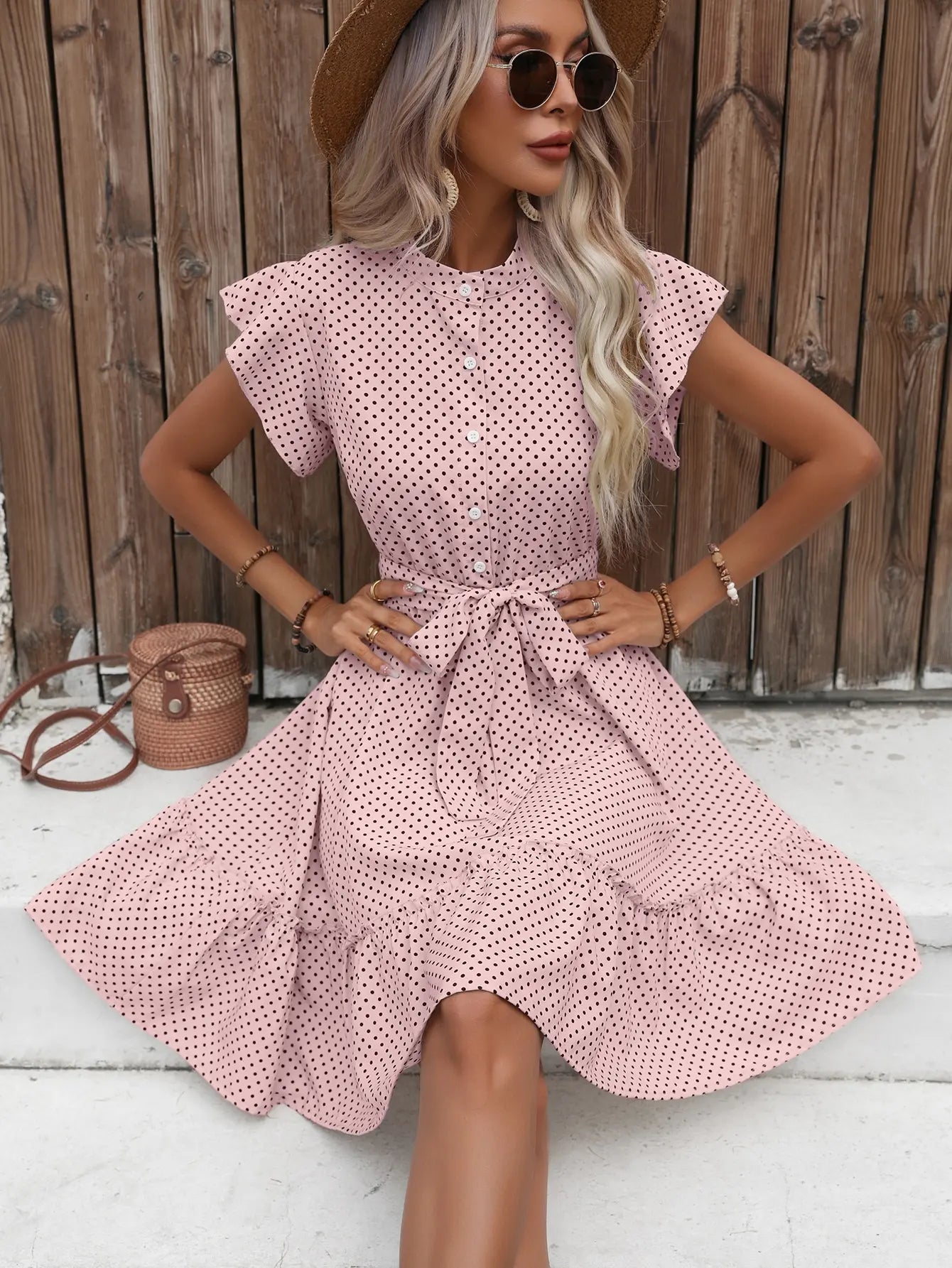 Polka Dot Printed Butterfly Sleeve Dress with Ruffled Edges and Wide Hem Waistline for Women