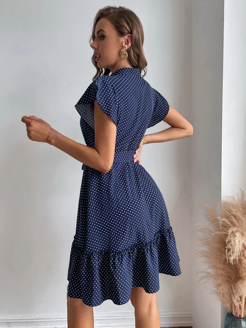 Polka Dot Printed Butterfly Sleeve Dress with Ruffled Edges and Wide Hem Waistline for Women