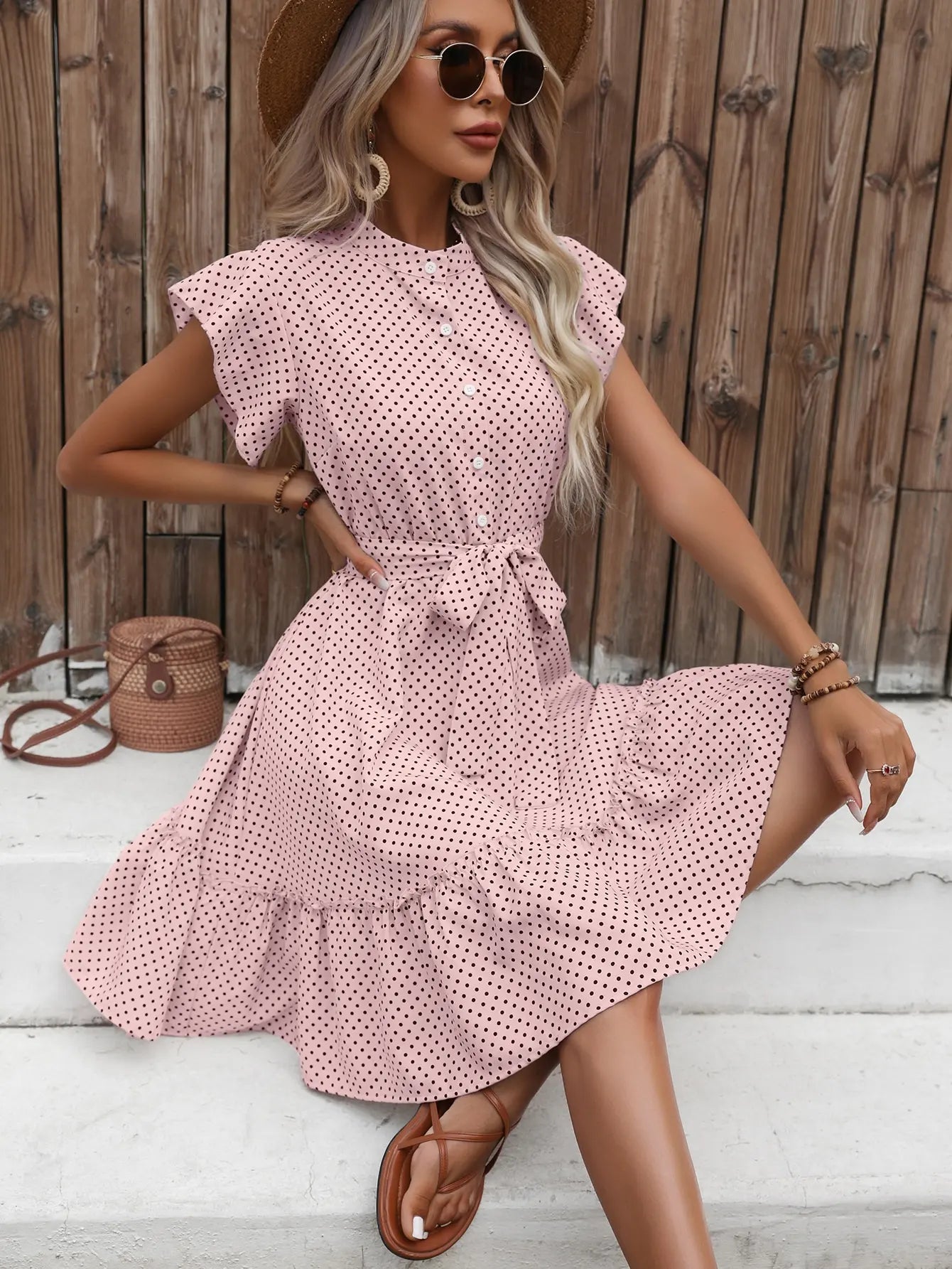 Polka Dot Printed Butterfly Sleeve Dress with Ruffled Edges and Wide Hem Waistline for Women