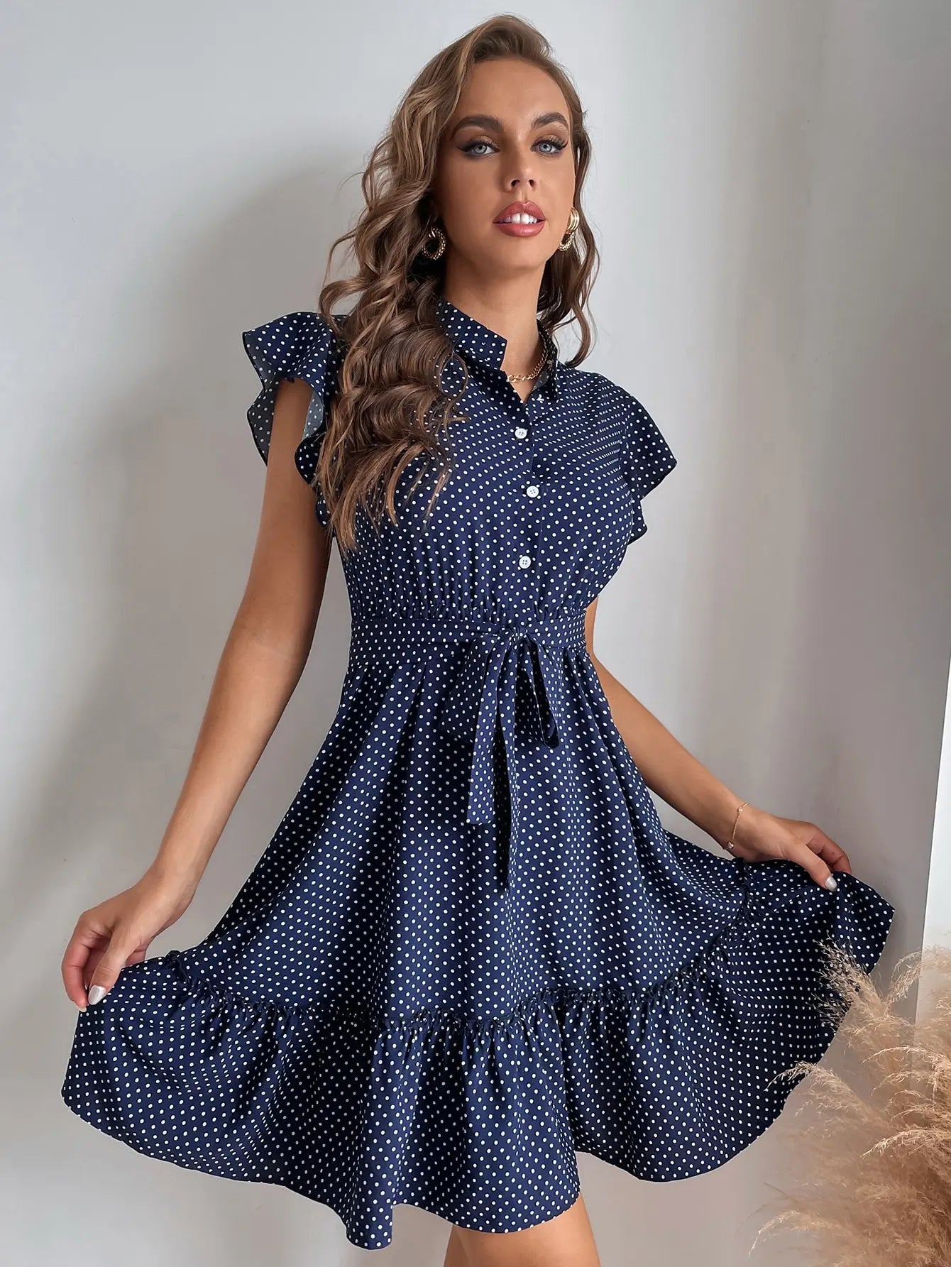 Polka Dot Printed Butterfly Sleeve Dress with Ruffled Edges and Wide Hem Waistline for Women