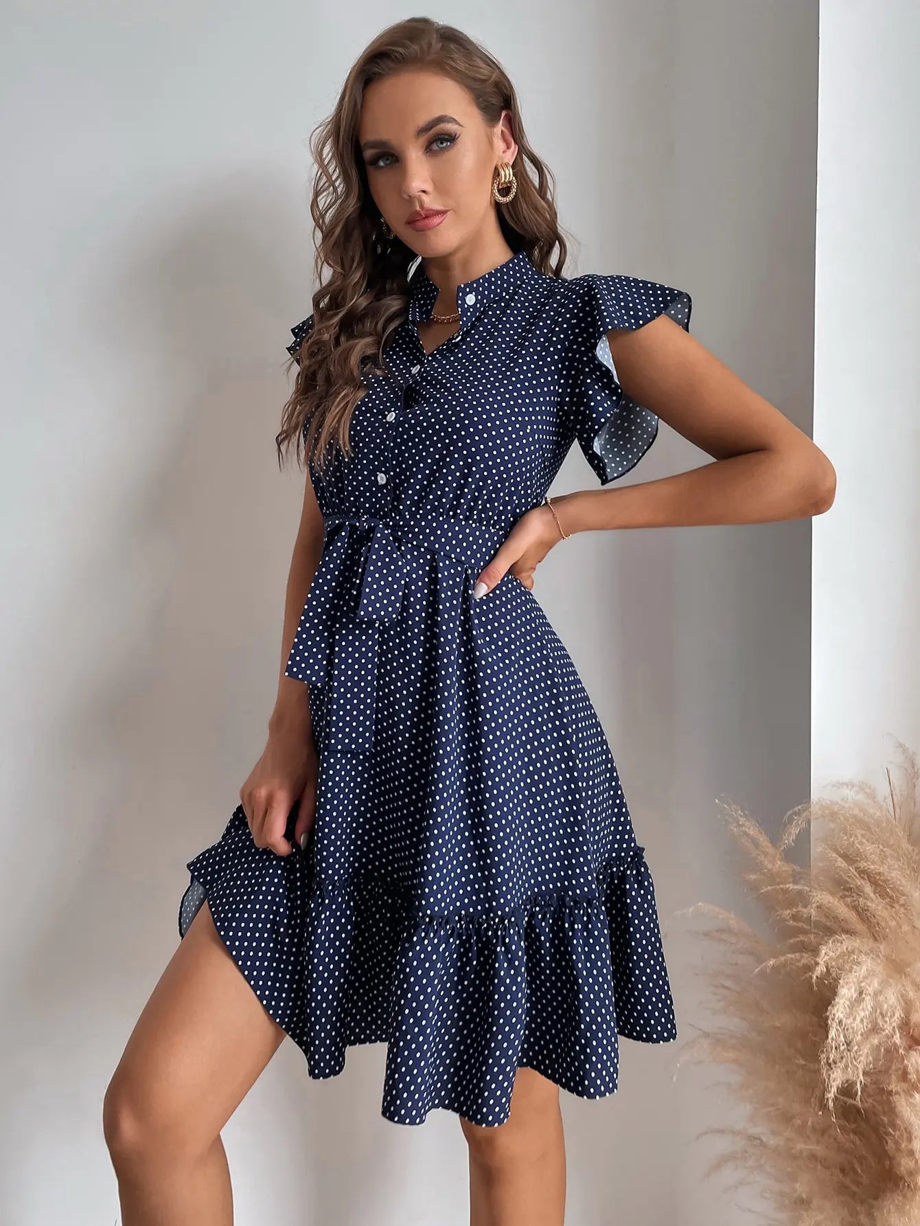 Polka Dot Printed Butterfly Sleeve Dress with Ruffled Edges and Wide Hem Waistline for Women