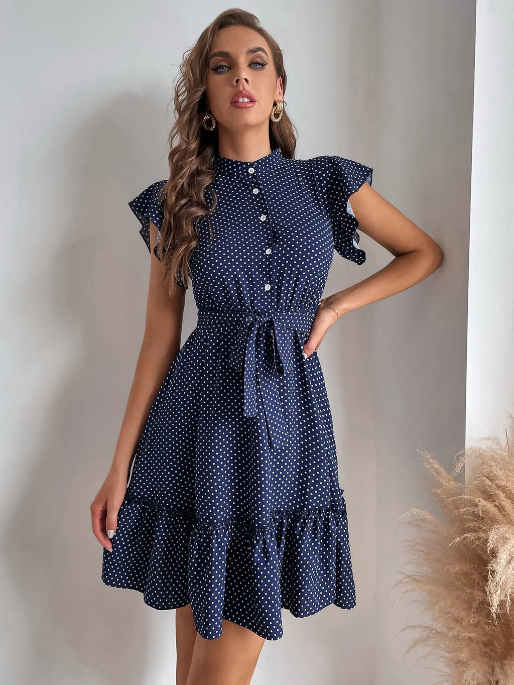 Polka Dot Printed Butterfly Sleeve Dress with Ruffled Edges and Wide Hem Waistline for Women