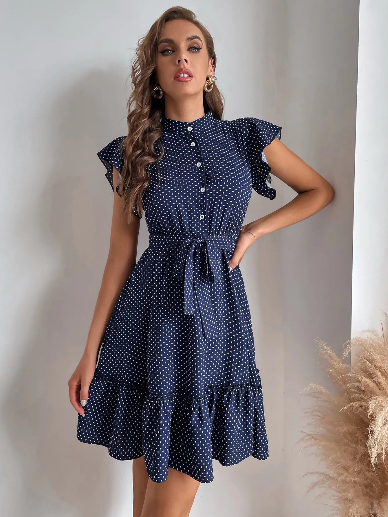 Polka Dot Printed Butterfly Sleeve Dress with Ruffled Edges and Wide Hem Waistline for Women
