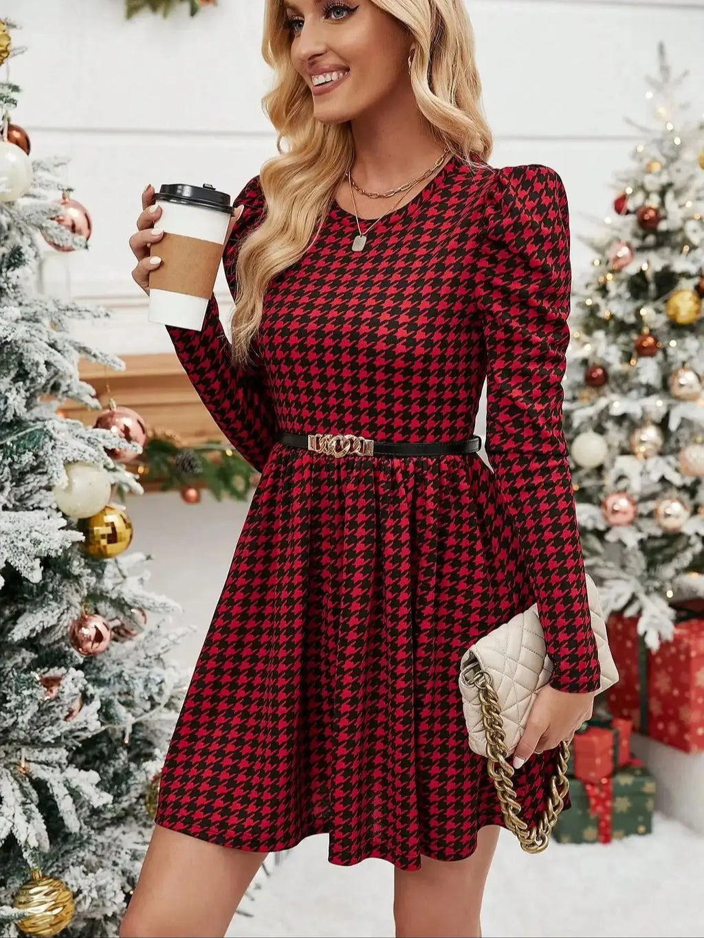 Elegant Casual Women's Dress with Crew Neck Long Sleeve Slim Plaid A-Line Skirt Knit Fashionable Outfit