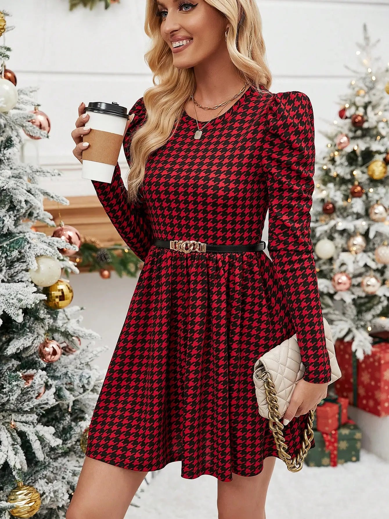 Elegant Casual Women's Dress with Crew Neck Long Sleeve Slim Plaid A-Line Skirt Knit Fashionable Outfit