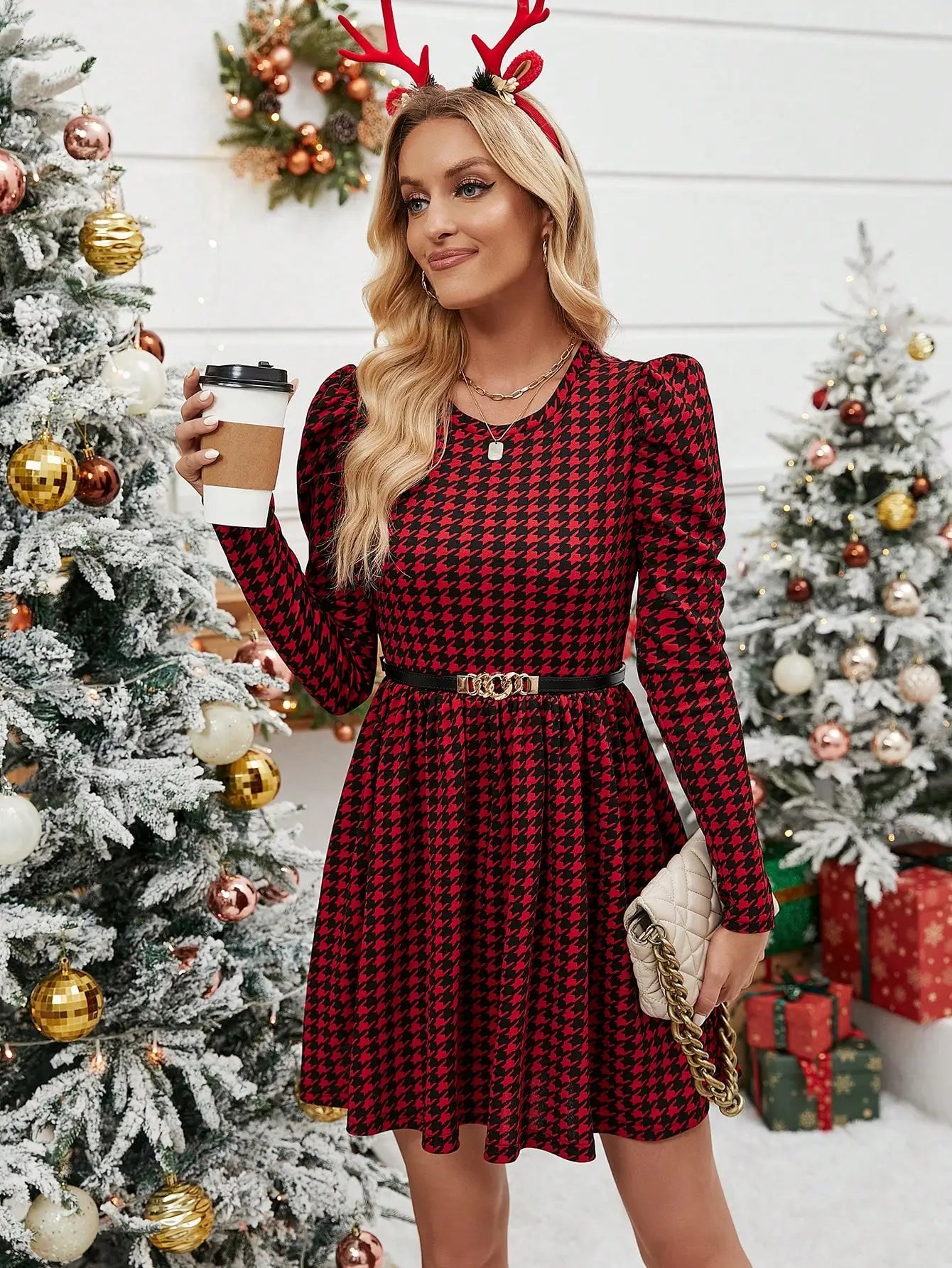 Elegant Casual Women's Dress with Crew Neck Long Sleeve Slim Plaid A-Line Skirt Knit Fashionable Outfit
