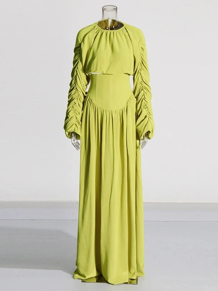 Elegant Two Piece Set for Women Long Sleeve Round Neck Top with High Waist Pleated Skirt Chic and Sophisticated Solid Color Outfit