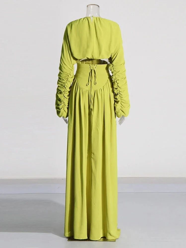 Elegant Two Piece Set for Women Long Sleeve Round Neck Top with High Waist Pleated Skirt Chic and Sophisticated Solid Color Outfit