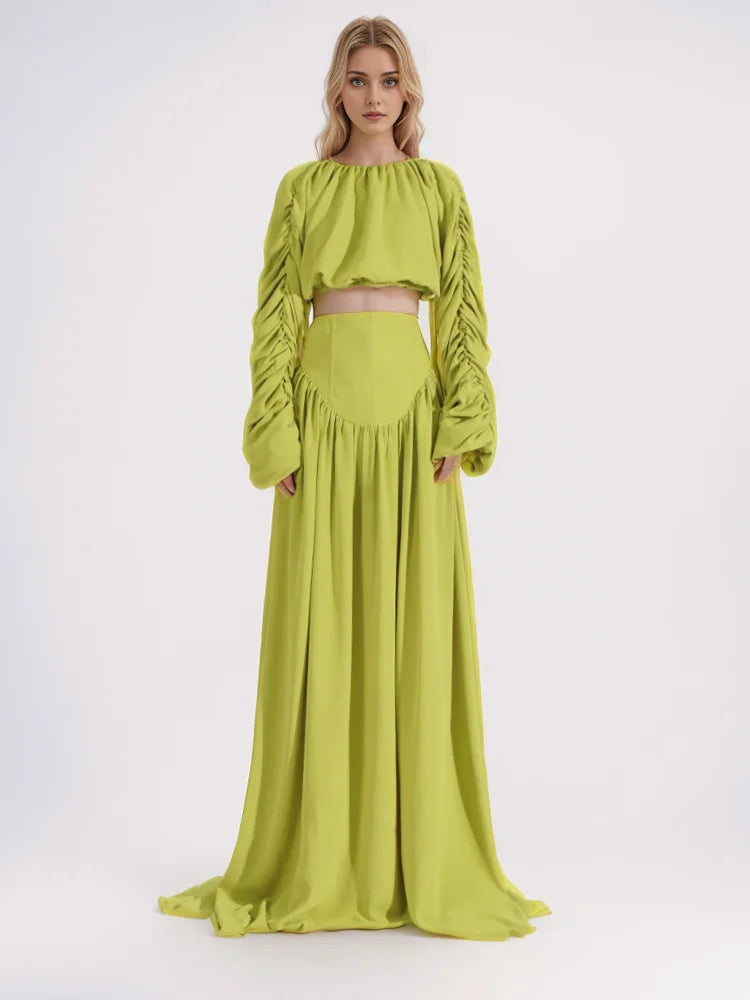 Elegant Two Piece Set for Women Long Sleeve Round Neck Top with High Waist Pleated Skirt Chic and Sophisticated Solid Color Outfit