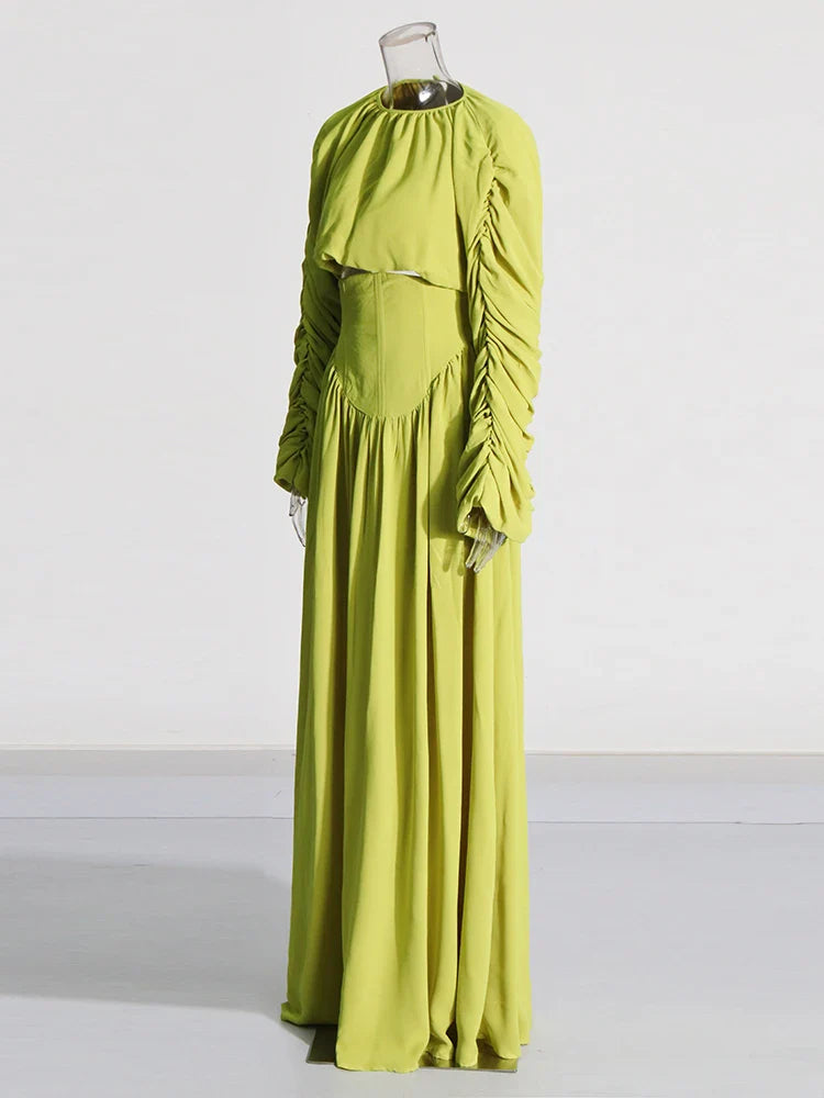 Elegant Two Piece Set for Women Long Sleeve Round Neck Top with High Waist Pleated Skirt Chic and Sophisticated Solid Color Outfit