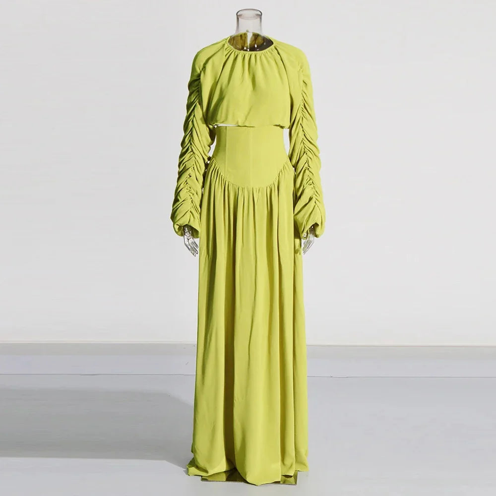 Elegant Two Piece Set for Women Long Sleeve Round Neck Top with High Waist Pleated Skirt Chic and Sophisticated Solid Color Outfit