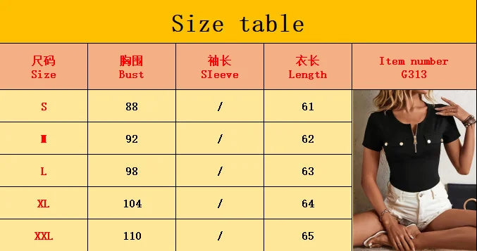 Spring and Summer Ladies Slim Fit Short Sleeve T-Shirt with Stylish Zipper Detail in Multiple Colors