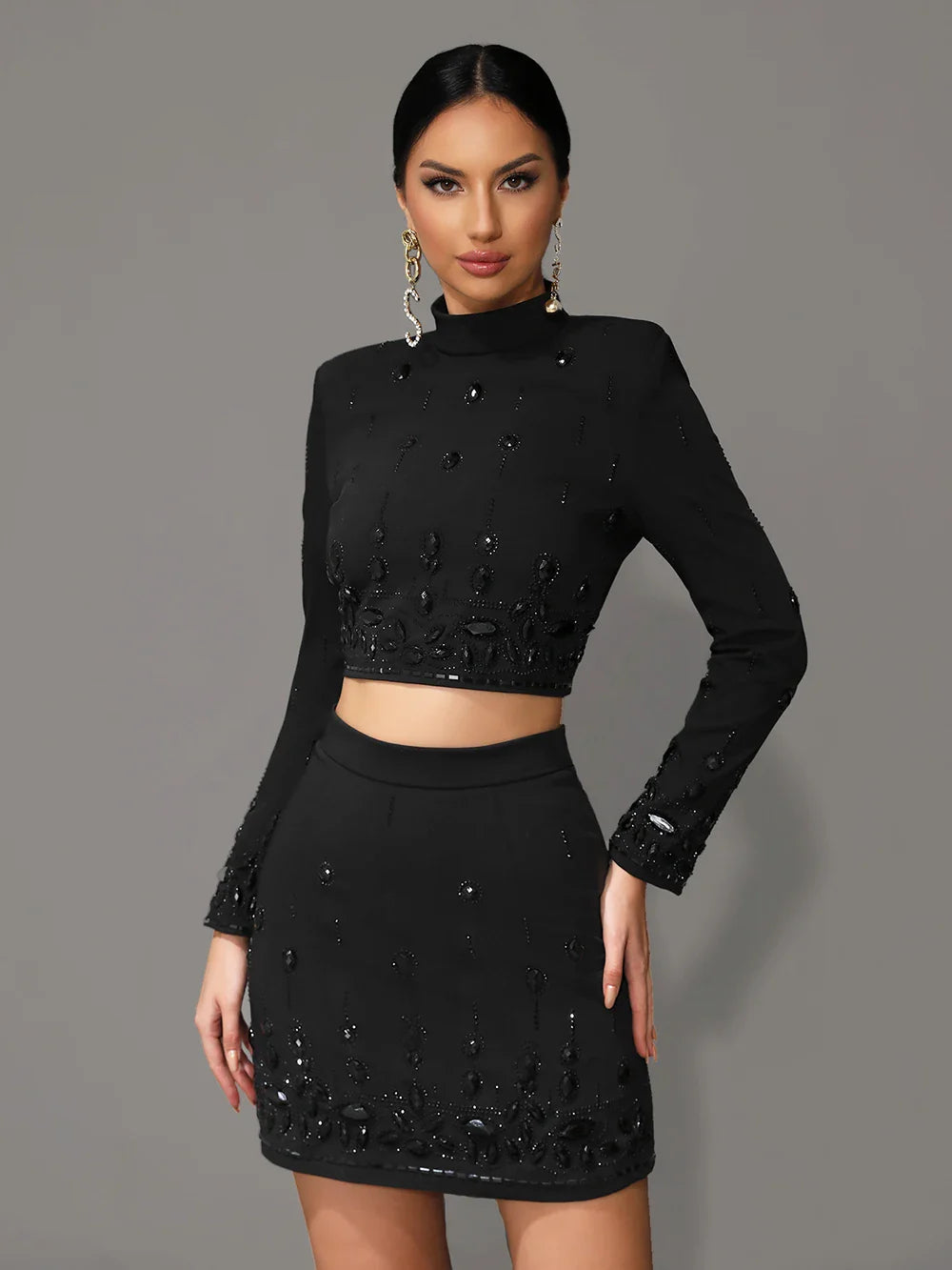 Heavy Beaded Nail Inlaid Diamond Long Sleeve Crop Top and Matching Short Skirt Set Women's Elegant Two-Piece Bodycon Outfit