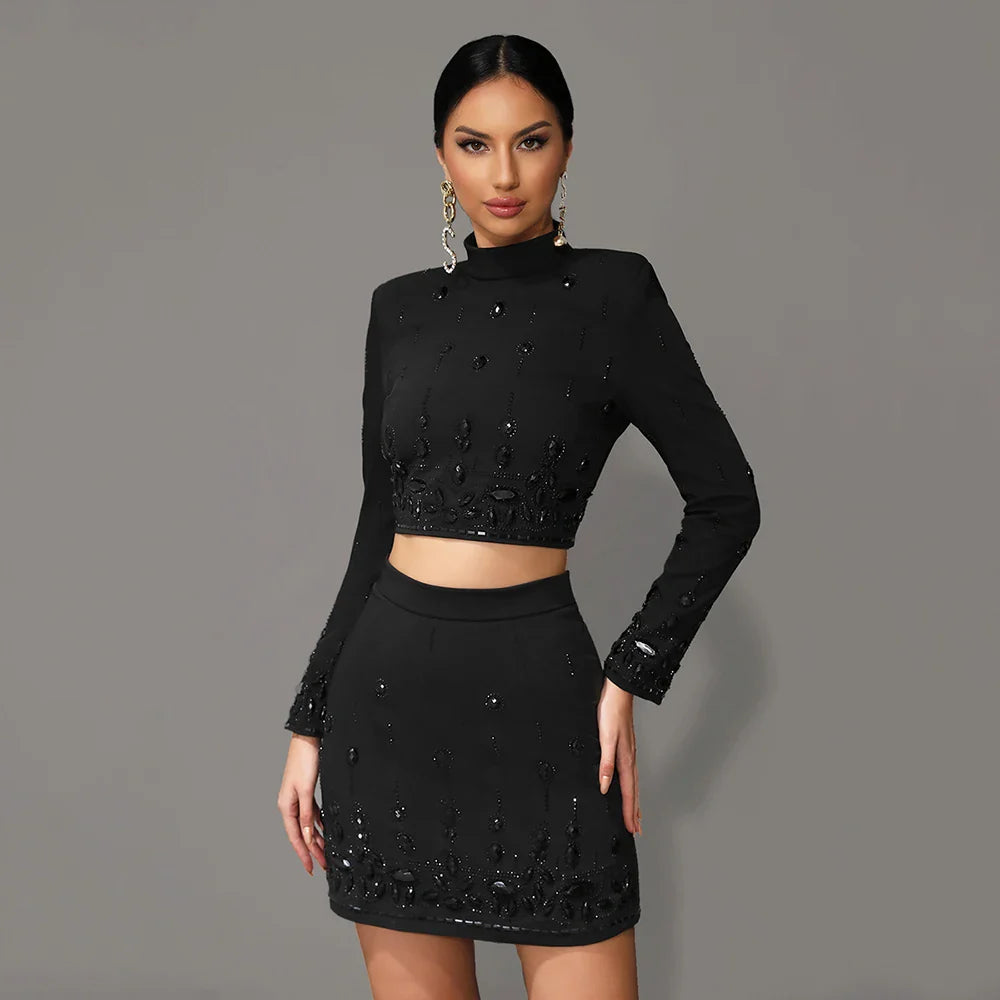 Heavy Beaded Nail Inlaid Diamond Long Sleeve Crop Top and Matching Short Skirt Set Women's Elegant Two-Piece Bodycon Outfit