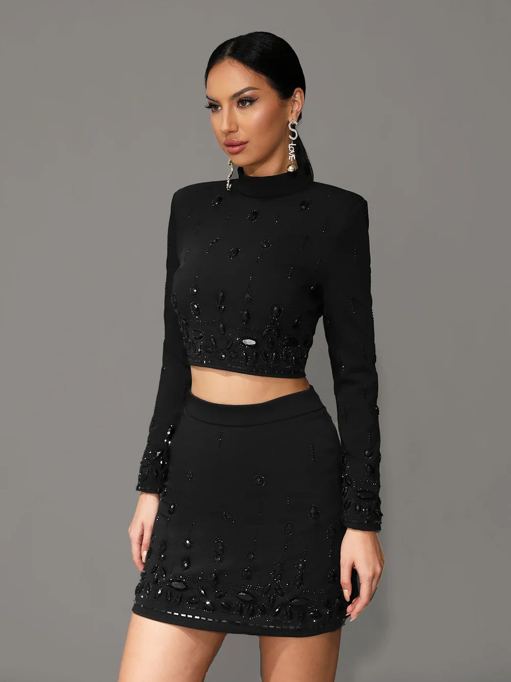 Heavy Beaded Nail Inlaid Diamond Long Sleeve Crop Top and Matching Short Skirt Set Women's Elegant Two-Piece Bodycon Outfit