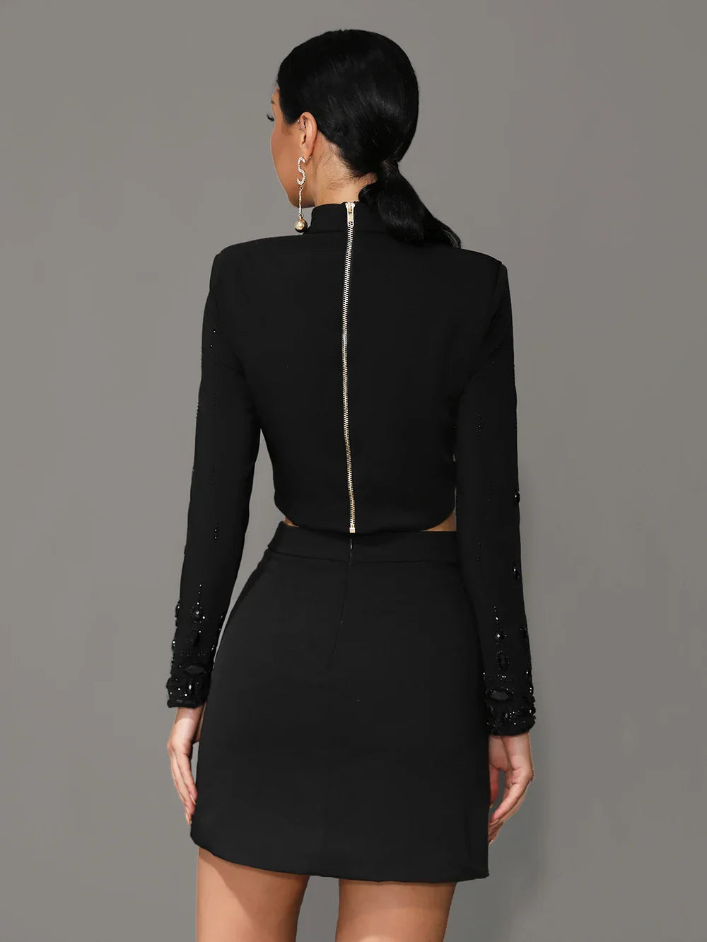 Heavy Beaded Nail Inlaid Diamond Long Sleeve Crop Top and Matching Short Skirt Set Women's Elegant Two-Piece Bodycon Outfit