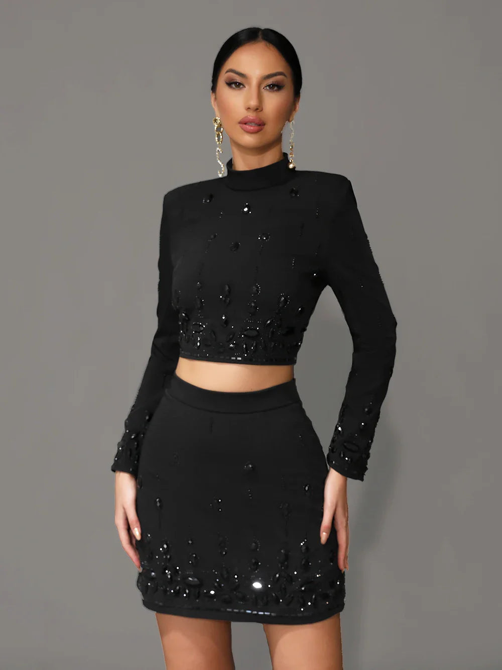 Heavy Beaded Nail Inlaid Diamond Long Sleeve Crop Top and Matching Short Skirt Set Women's Elegant Two-Piece Bodycon Outfit