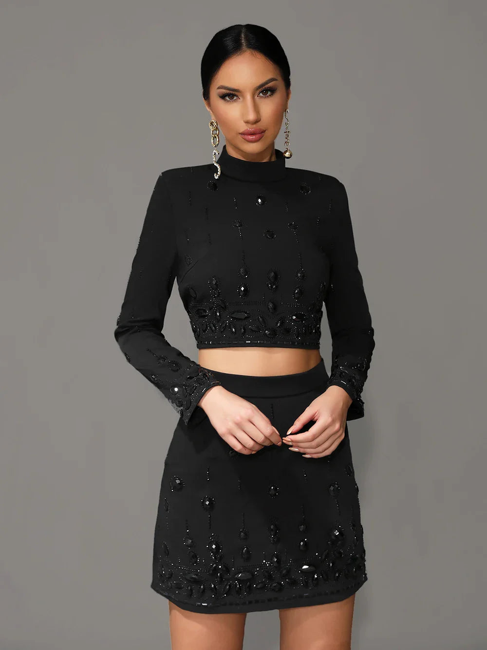Heavy Beaded Nail Inlaid Diamond Long Sleeve Crop Top and Matching Short Skirt Set Women's Elegant Two-Piece Bodycon Outfit