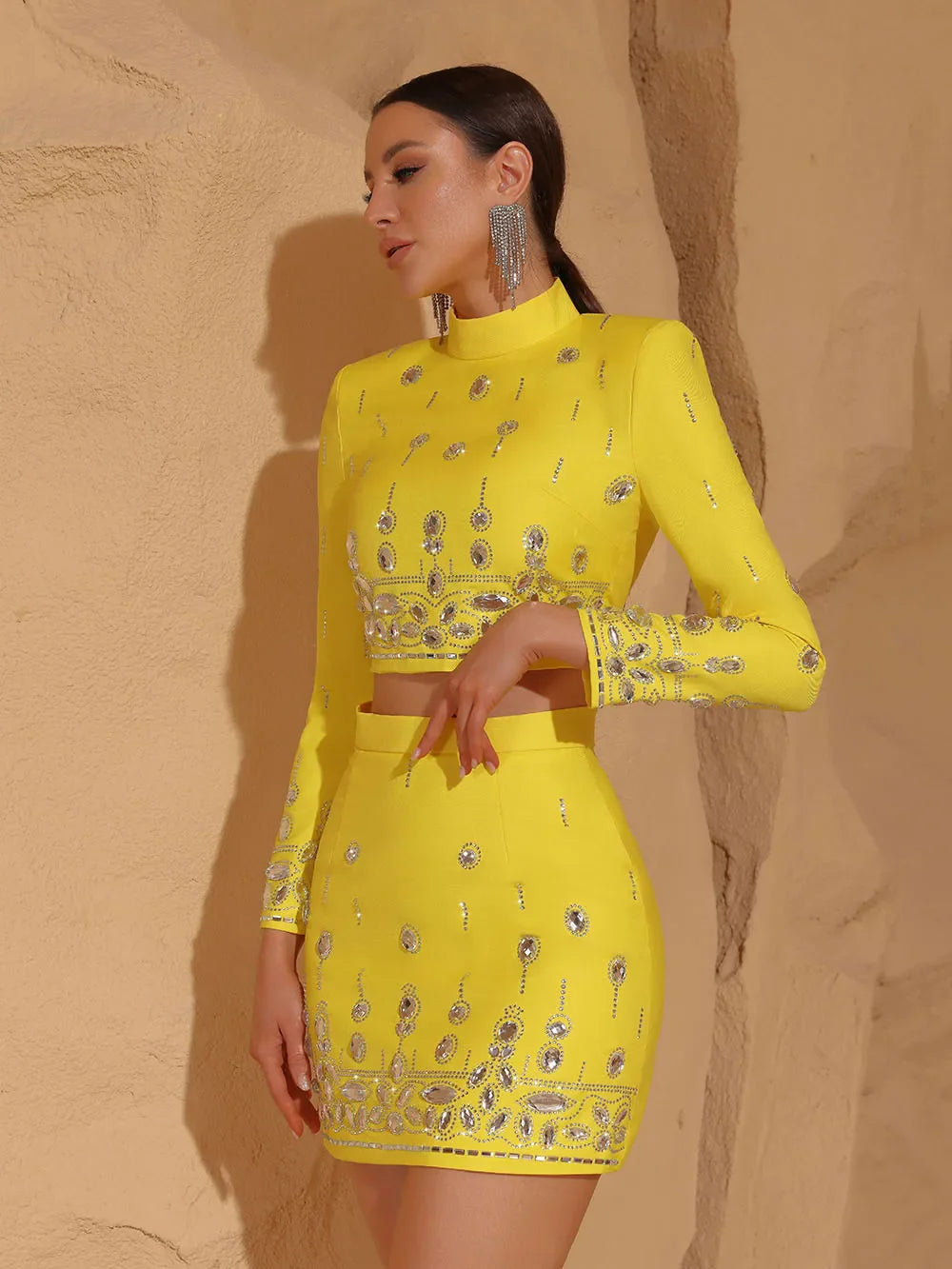 Women's Slim Fit Yellow Crystal Beaded Two Piece Set Sexy Short Top and Dress Party Outfit