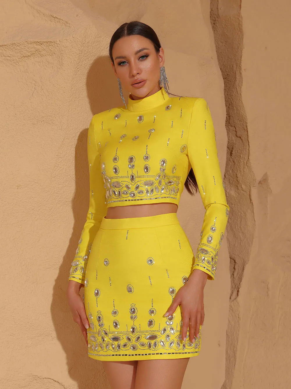 Women's Slim Fit Yellow Crystal Beaded Two Piece Set Sexy Short Top and Dress Party Outfit