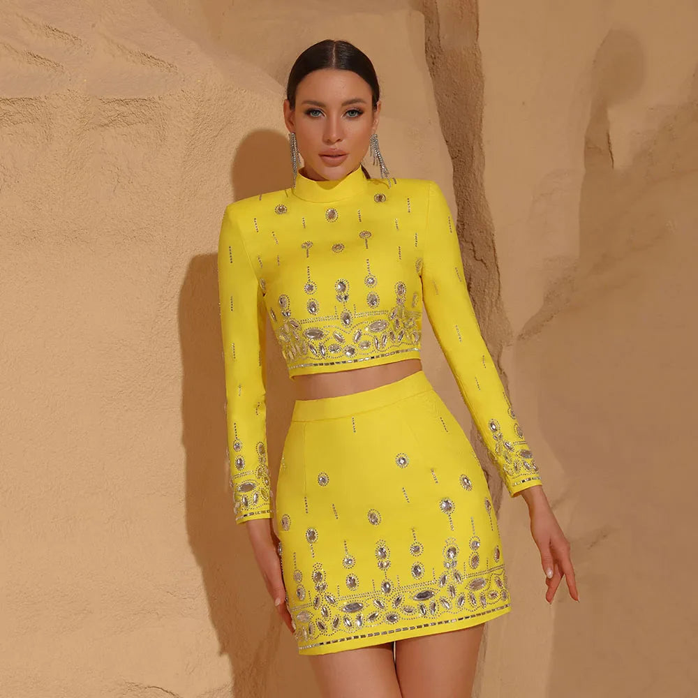 Women's Slim Fit Yellow Crystal Beaded Two Piece Set Sexy Short Top and Dress Party Outfit