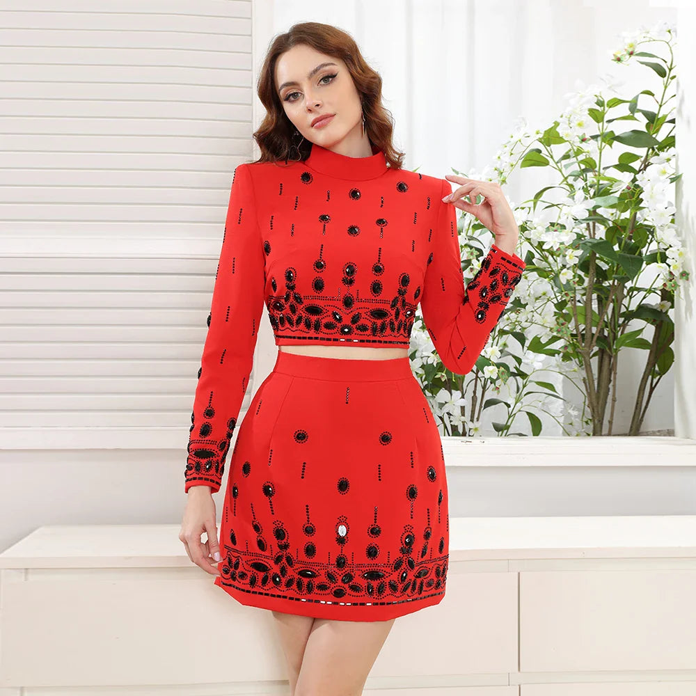 Women's Slim Fit Yellow Crystal Beaded Two Piece Set Sexy Short Top and Dress Party Outfit