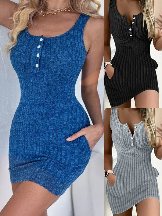 Elegant Button Front Tank Dress with Pockets for Spring and Summer Women's Sleeveless Bodycon Style