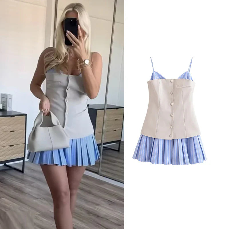Chic Patchwork Tube Top Dress for Women Elegant Mini Summer Holiday Casual Street Fashion Youth Style