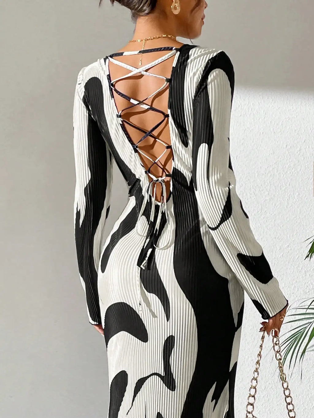 Long Sleeve Crew Neck Open Back Tie Up Maxi Bodycon Dress for Women Elegant Evening Wear