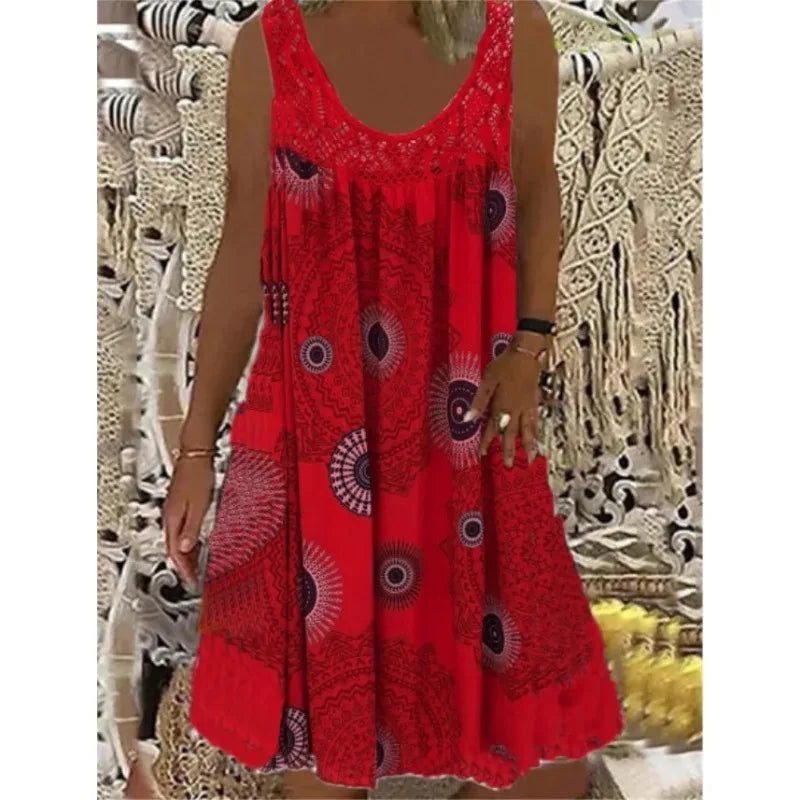 Digital Printed Off Shoulder Sexy Camisole Loose Fit Dress with Lace Detailing for Casual Summer Wear