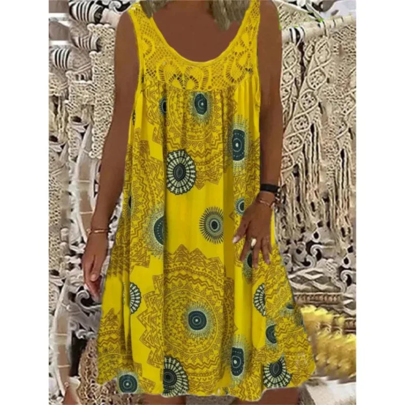 Digital Printed Off Shoulder Sexy Camisole Loose Fit Dress with Lace Detailing for Casual Summer Wear