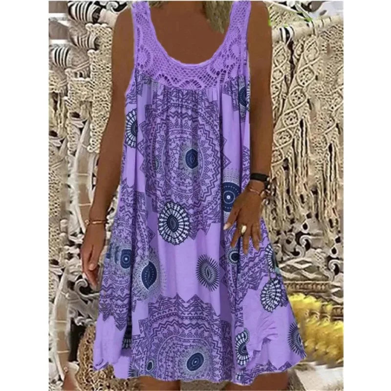 Digital Printed Off Shoulder Sexy Camisole Loose Fit Dress with Lace Detailing for Casual Summer Wear