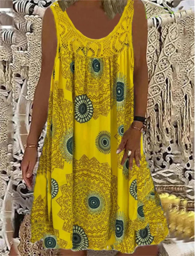 Digital Printed Off Shoulder Sexy Camisole Loose Fit Dress with Lace Detailing for Casual Summer Wear